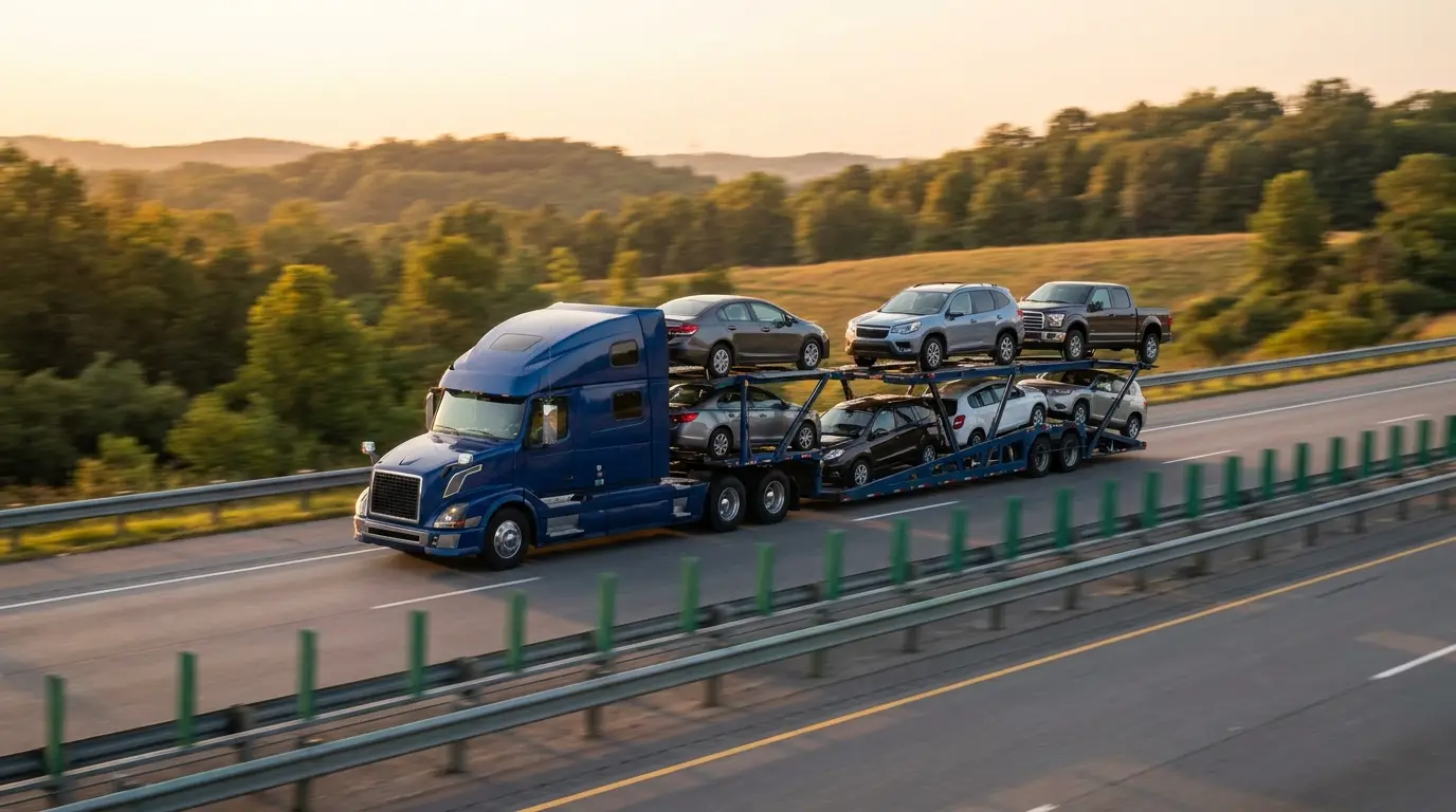 Open two-deck car hauler loaded with vehicles on an interstate highway at golden hour