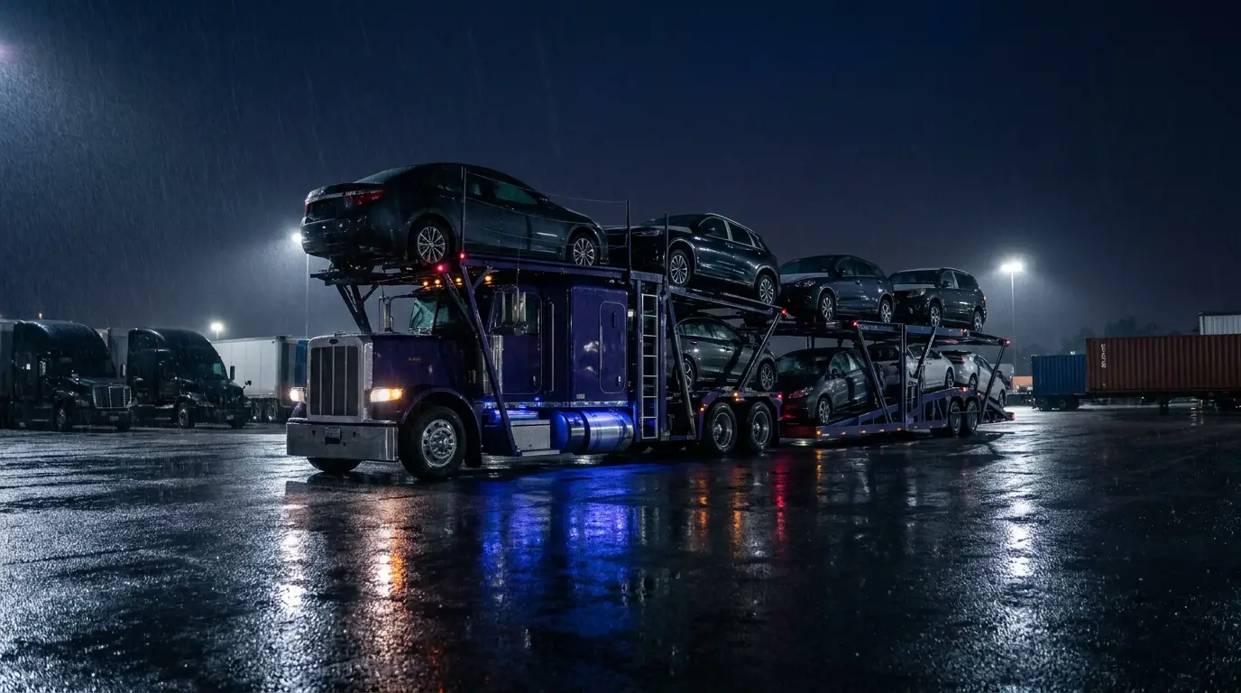 Open car-hauler loaded with vehicles at night in a wet truck yard